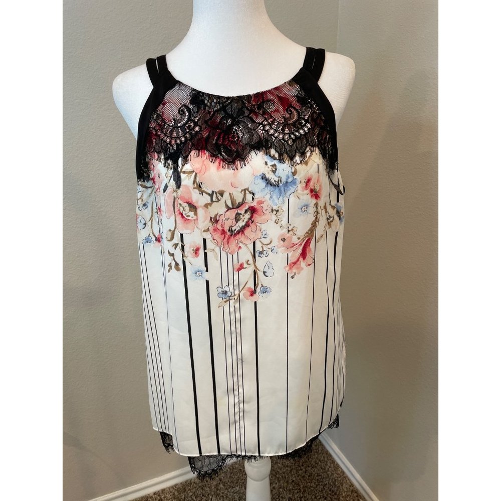 White House Black Market Black and White Floral Lace Tank